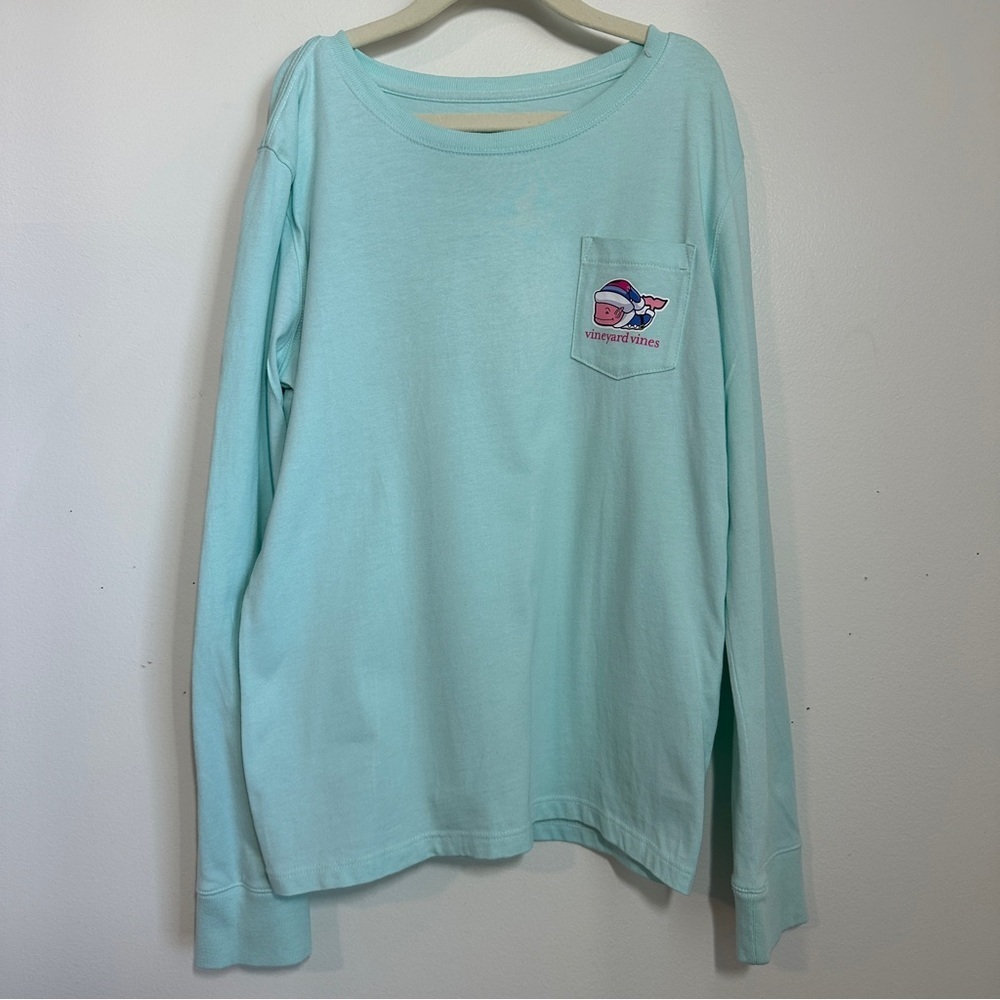 Vineyard Vines Kids M 10-12 Long Sleeve T-Shirt Christmas Whale Logo Aqua Blue